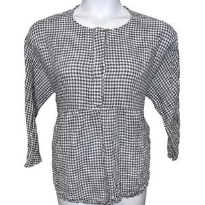LINTICO Womens Navy Blue Gingham Peplum Henley Top Sz XXL Lagenlook Casual Relax